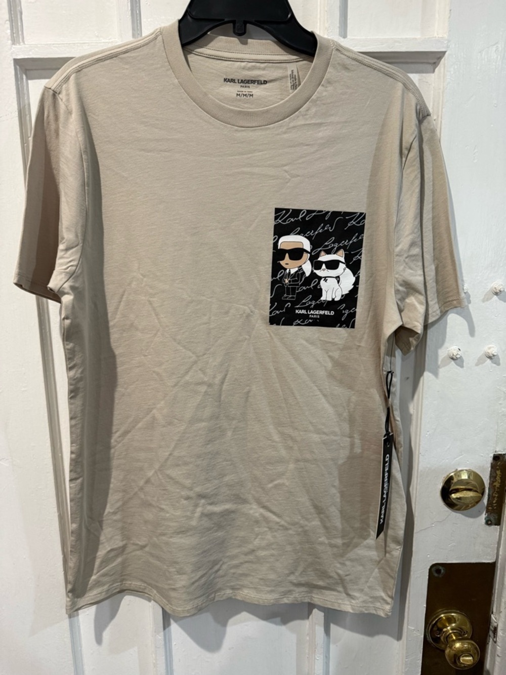 Karl Lagerfeld Beige Short-Sleeve Tee with Graphic Pocket
